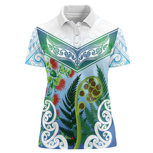 Aotearoa New Zealand Natural Plants Women Polo Shirt Pohutukawa with Silver Ferns Koru Frond Maori Tattoos