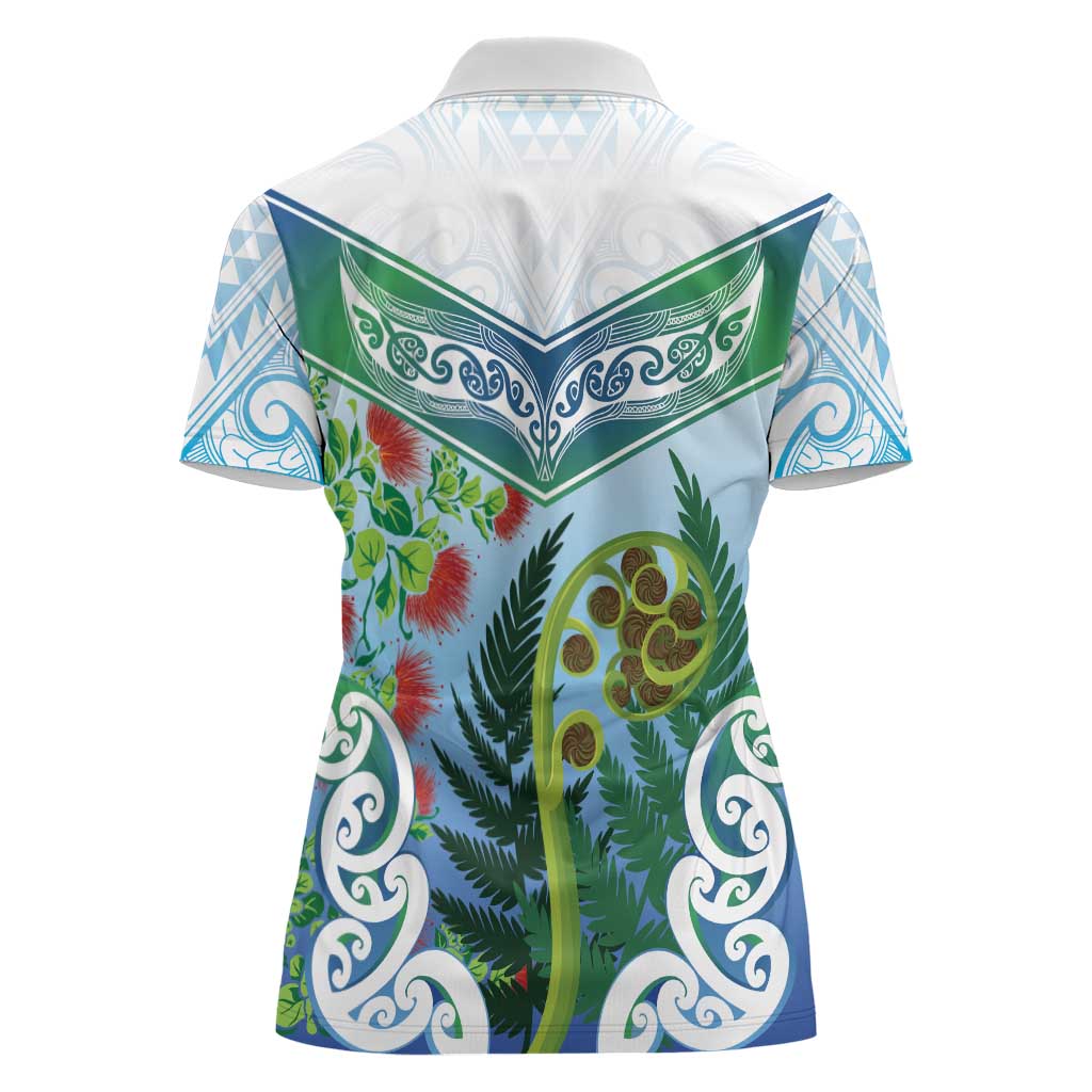 Aotearoa New Zealand Natural Plants Women Polo Shirt Pohutukawa with Silver Ferns Koru Frond Maori Tattoos