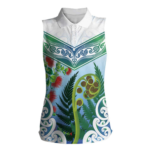 Aotearoa New Zealand Natural Plants Women Sleeveless Polo Shirt Pohutukawa with Silver Ferns Koru Frond Maori Tattoos