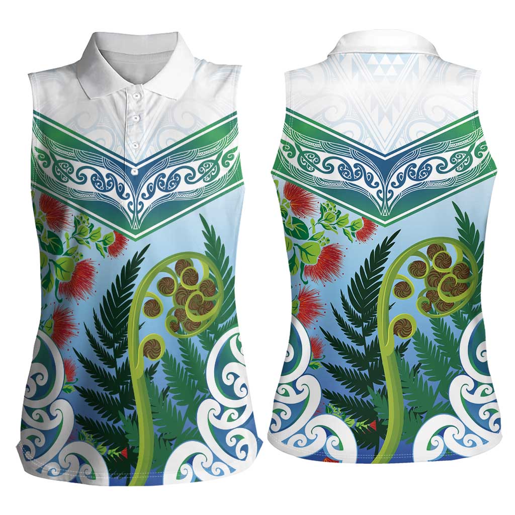 Aotearoa New Zealand Natural Plants Women Sleeveless Polo Shirt Pohutukawa with Silver Ferns Koru Frond Maori Tattoos