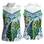 Aotearoa New Zealand Natural Plants Women Sleeveless Polo Shirt Pohutukawa with Silver Ferns Koru Frond Maori Tattoos