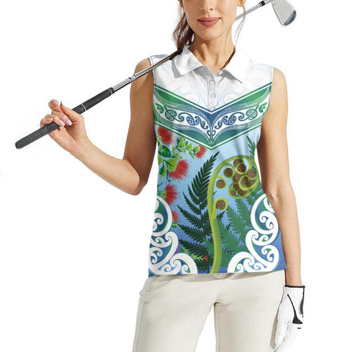 Aotearoa New Zealand Natural Plants Women Sleeveless Polo Shirt Pohutukawa with Silver Ferns Koru Frond Maori Tattoos