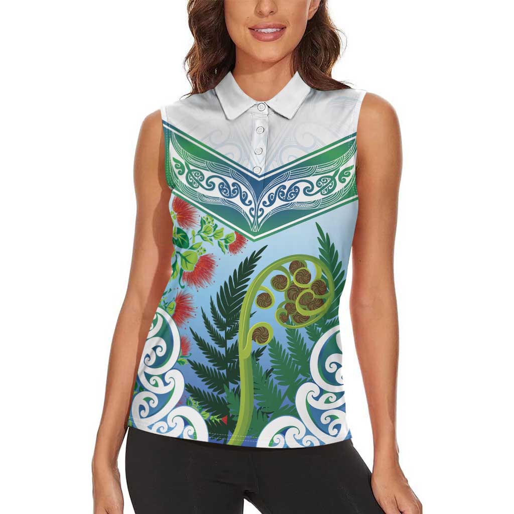 Aotearoa New Zealand Natural Plants Women Sleeveless Polo Shirt Pohutukawa with Silver Ferns Koru Frond Maori Tattoos