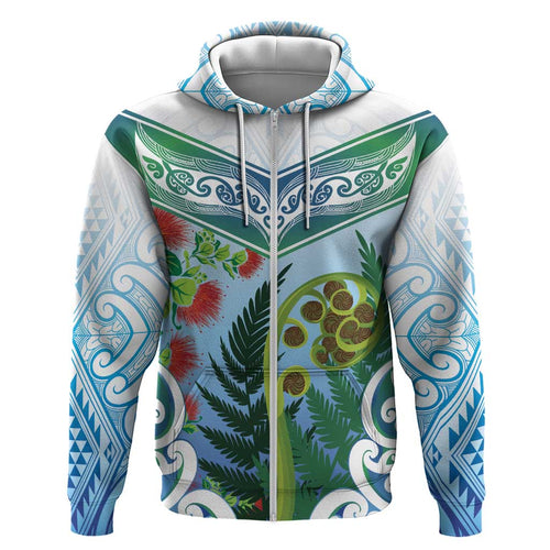 Aotearoa New Zealand Natural Plants Zip Hoodie Pohutukawa with Silver Ferns Koru Frond Maori Tattoos