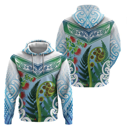 Aotearoa New Zealand Natural Plants Zip Hoodie Pohutukawa with Silver Ferns Koru Frond Maori Tattoos
