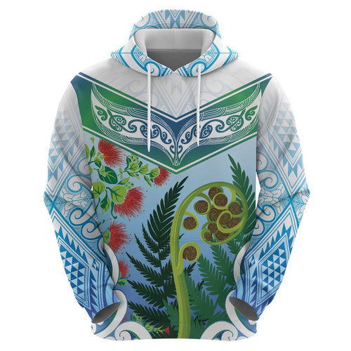Aotearoa New Zealand Natural Plants Zip Hoodie Pohutukawa with Silver Ferns Koru Frond Maori Tattoos