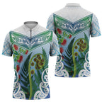 Aotearoa New Zealand Natural Plants Zipper Polo Shirt Pohutukawa with Silver Ferns Koru Frond Maori Tattoos
