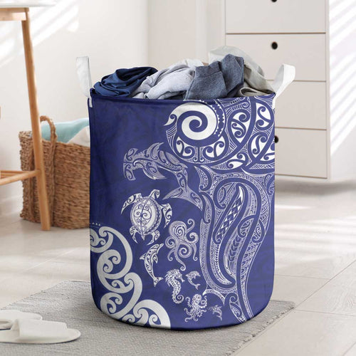 New Zealand Sea Animals with Maori Tribal Tattoo Laundry Basket Blue Color