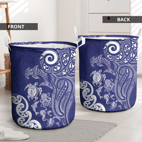 New Zealand Sea Animals with Maori Tribal Tattoo Laundry Basket Blue Color