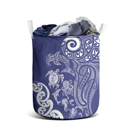 New Zealand Sea Animals with Maori Tribal Tattoo Laundry Basket Blue Color