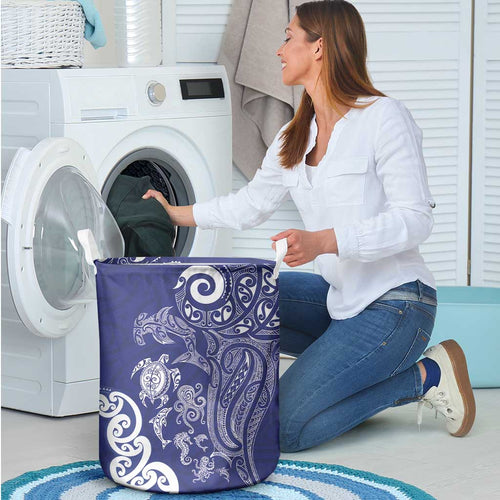 New Zealand Sea Animals with Maori Tribal Tattoo Laundry Basket Blue Color