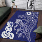 New Zealand Sea Animals with Maori Tribal Tattoo Area Rug Blue Color