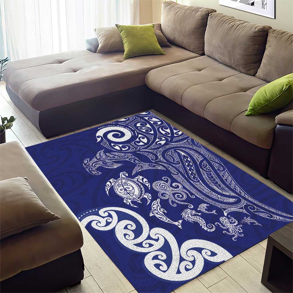 New Zealand Sea Animals with Maori Tribal Tattoo Area Rug Blue Color