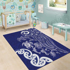 New Zealand Sea Animals with Maori Tribal Tattoo Area Rug Blue Color