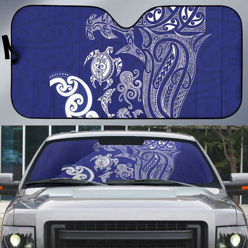 New Zealand Sea Animals with Maori Tribal Tattoo Auto Sun Shade Blue Color