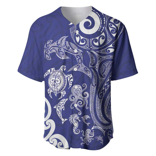 New Zealand Sea Animals with Maori Tribal Tattoo Baseball Jersey Blue Color