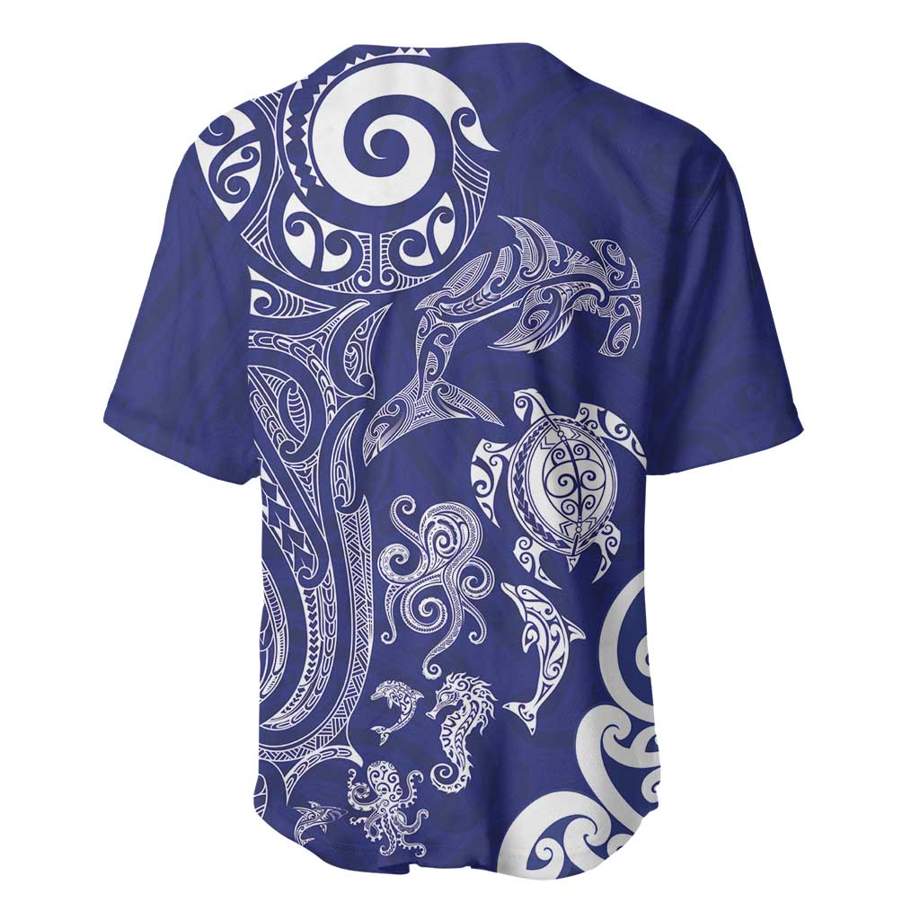 New Zealand Sea Animals with Maori Tribal Tattoo Baseball Jersey Blue Color