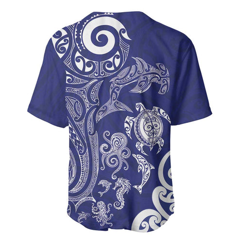 New Zealand Sea Animals with Maori Tribal Tattoo Baseball Jersey Blue Color