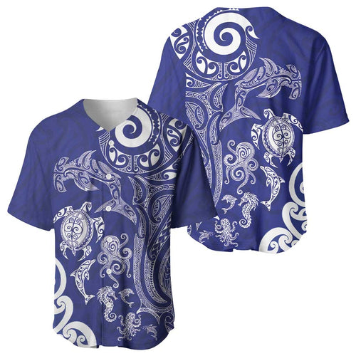 New Zealand Sea Animals with Maori Tribal Tattoo Baseball Jersey Blue Color