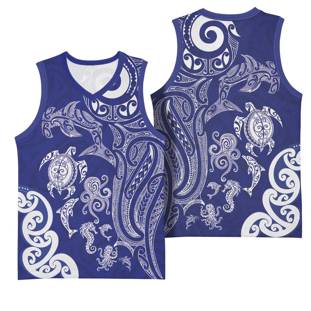 New Zealand Sea Animals with Maori Tribal Tattoo Basketball Jersey Blue Color