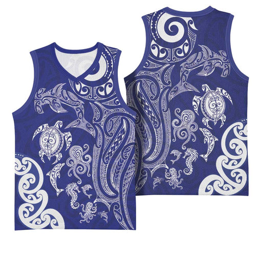 New Zealand Sea Animals with Maori Tribal Tattoo Basketball Jersey Blue Color