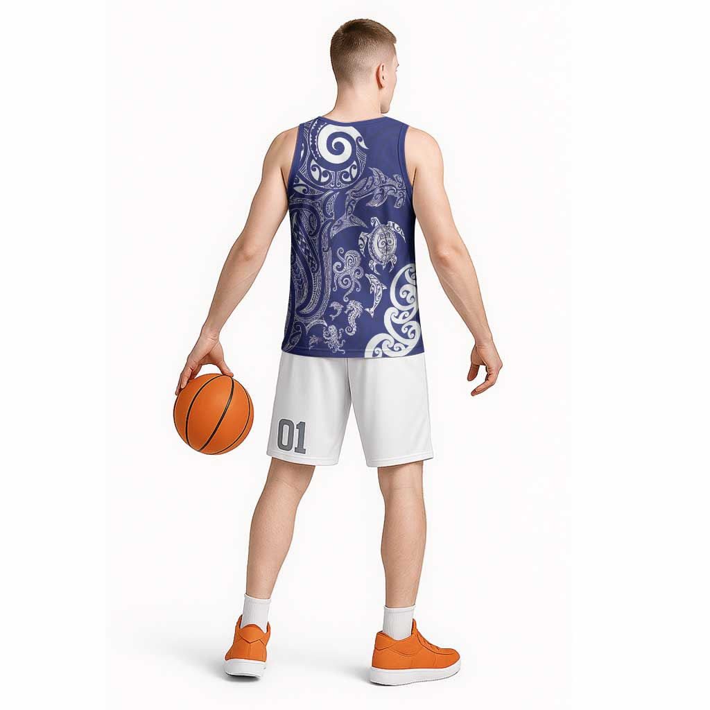 New Zealand Sea Animals with Maori Tribal Tattoo Basketball Jersey Blue Color