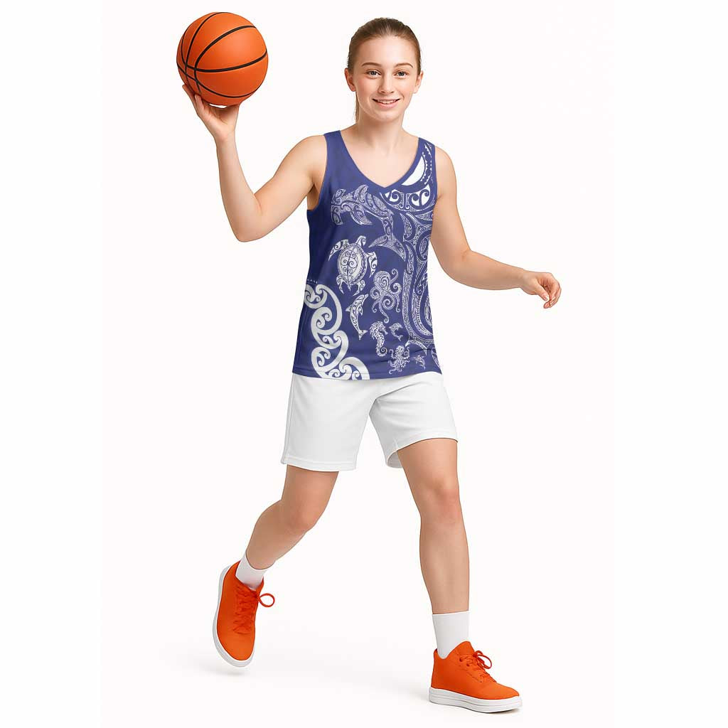 New Zealand Sea Animals with Maori Tribal Tattoo Basketball Jersey Blue Color