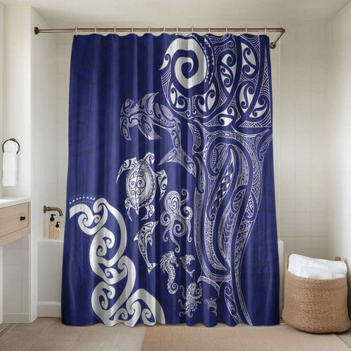 New Zealand Sea Animals with Maori Tribal Tattoo Bathroom Set Blue Color