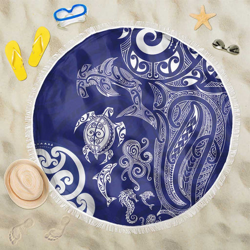 New Zealand Sea Animals with Maori Tribal Tattoo Beach Blanket Blue Color