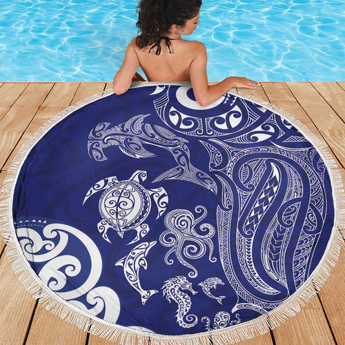 New Zealand Sea Animals with Maori Tribal Tattoo Beach Blanket Blue Color