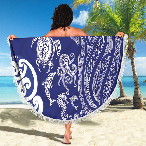 New Zealand Sea Animals with Maori Tribal Tattoo Beach Blanket Blue Color