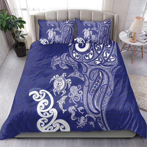 New Zealand Sea Animals with Maori Tribal Tattoo Bedding Set Blue Color