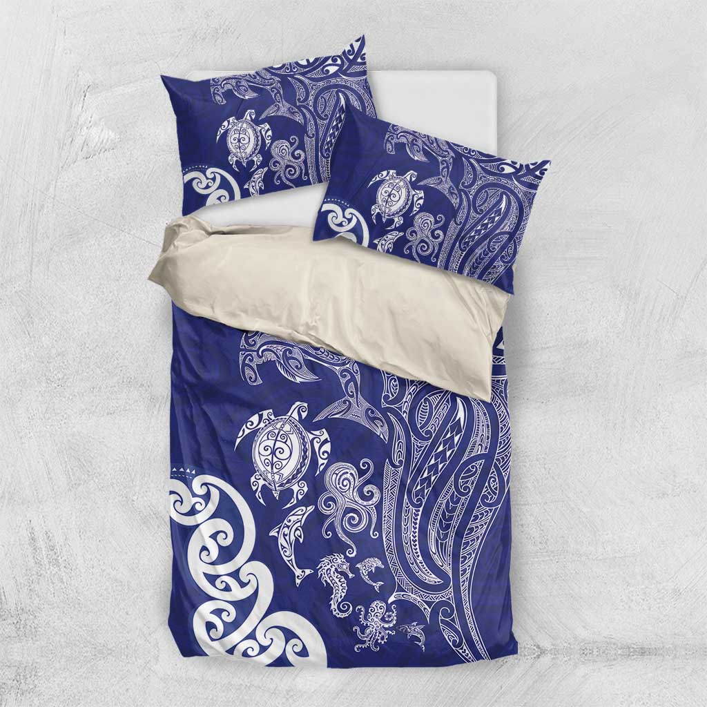 New Zealand Sea Animals with Maori Tribal Tattoo Bedding Set Blue Color