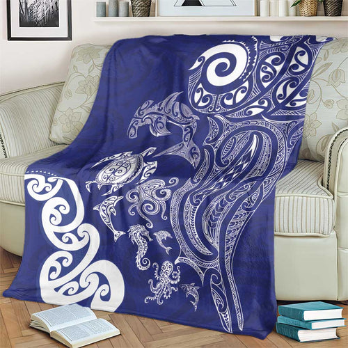 New Zealand Sea Animals with Maori Tribal Tattoo Blanket Blue Color