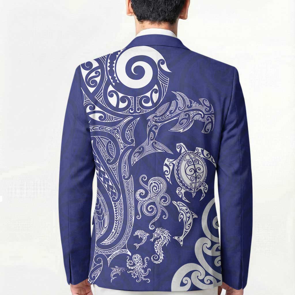New Zealand Sea Animals with Maori Tribal Tattoo Blazer Blue Color