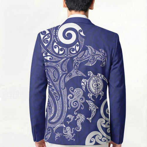 New Zealand Sea Animals with Maori Tribal Tattoo Blazer Blue Color