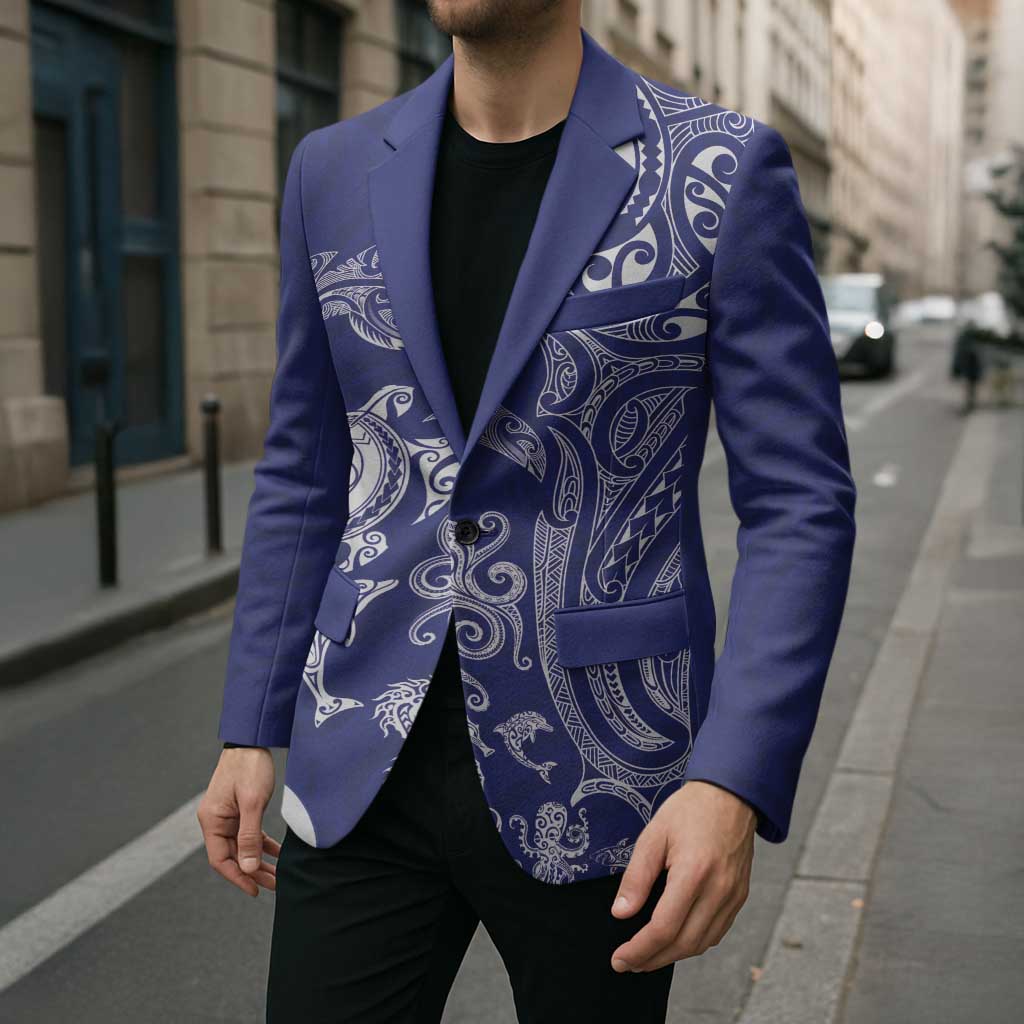 New Zealand Sea Animals with Maori Tribal Tattoo Blazer Blue Color