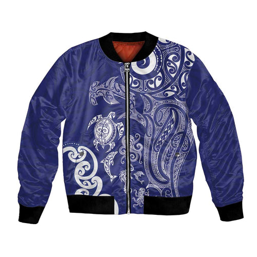 New Zealand Sea Animals with Maori Tribal Tattoo Bomber Jacket Blue Color