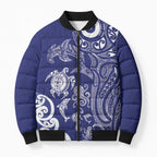 New Zealand Sea Animals with Maori Tribal Tattoo Bomber Puffer Jacket Blue Color