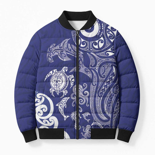 New Zealand Sea Animals with Maori Tribal Tattoo Bomber Puffer Jacket Blue Color