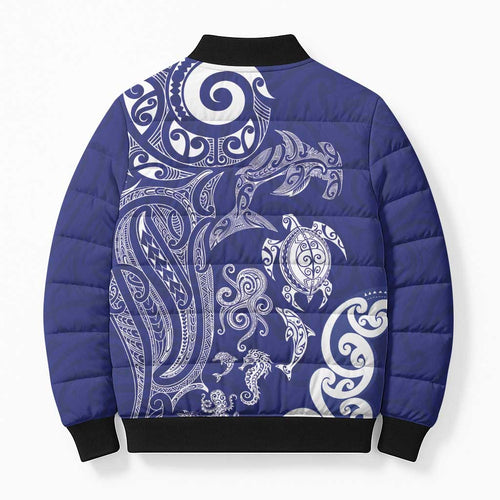 New Zealand Sea Animals with Maori Tribal Tattoo Bomber Puffer Jacket Blue Color