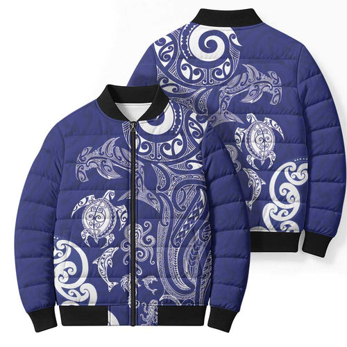 New Zealand Sea Animals with Maori Tribal Tattoo Bomber Puffer Jacket Blue Color