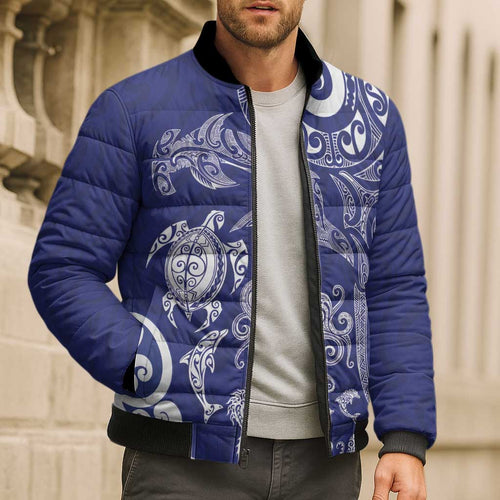 New Zealand Sea Animals with Maori Tribal Tattoo Bomber Puffer Jacket Blue Color