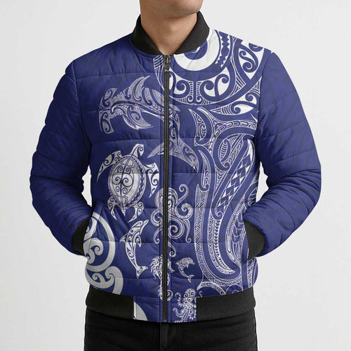 New Zealand Sea Animals with Maori Tribal Tattoo Bomber Puffer Jacket Blue Color