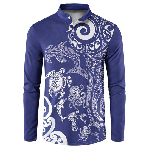 New Zealand Sea Animals with Maori Tribal Tattoo Button Sweatshirt Blue Color