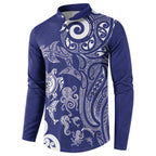 New Zealand Sea Animals with Maori Tribal Tattoo Button Sweatshirt Blue Color