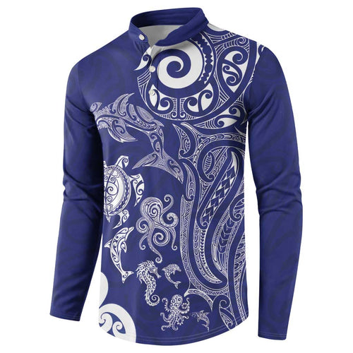 New Zealand Sea Animals with Maori Tribal Tattoo Button Sweatshirt Blue Color