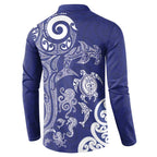 New Zealand Sea Animals with Maori Tribal Tattoo Button Sweatshirt Blue Color