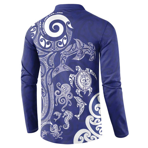 New Zealand Sea Animals with Maori Tribal Tattoo Button Sweatshirt Blue Color