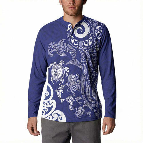 New Zealand Sea Animals with Maori Tribal Tattoo Button Sweatshirt Blue Color